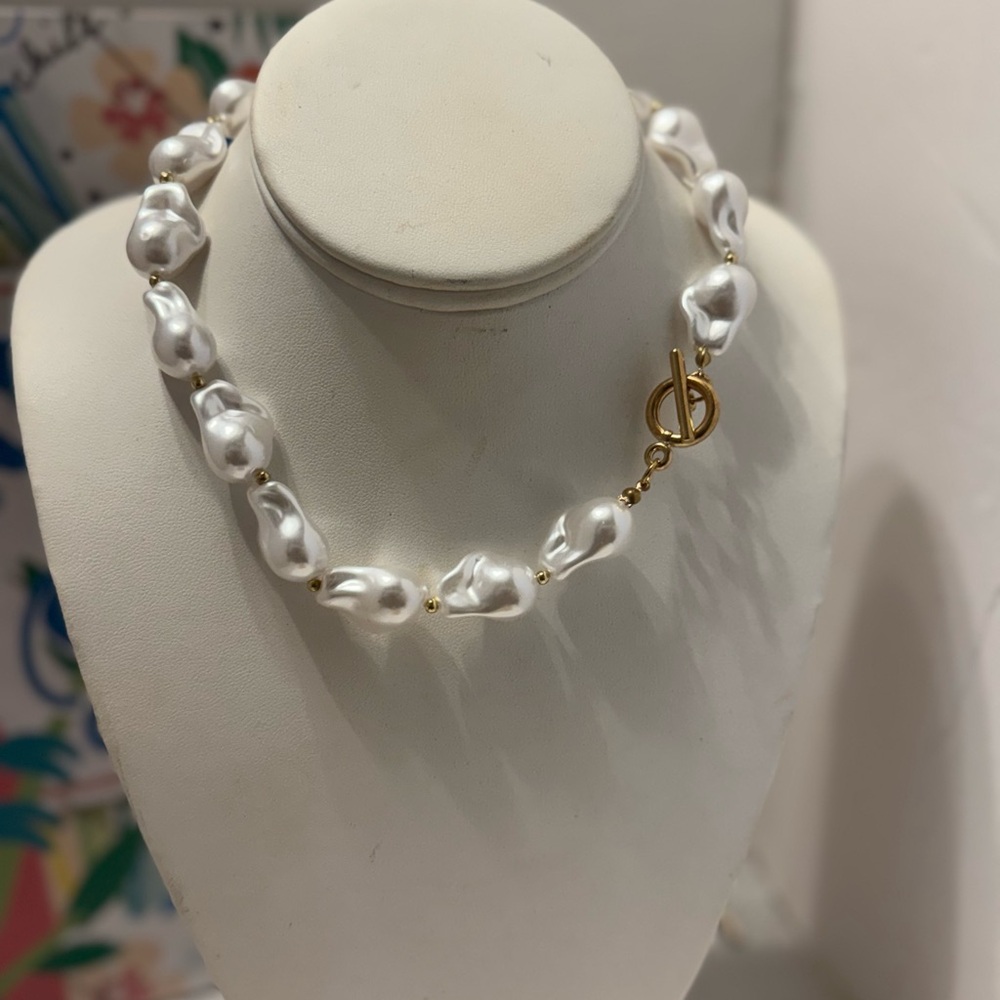 White Baroque Pearl Necklace with Gold Toggle Clasp